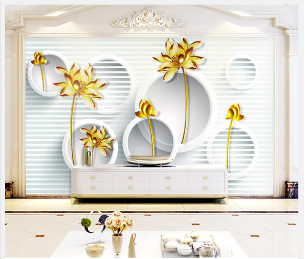 Фотообои 3D флизелиновые цветочные для спальни/зала/кухни Золотые цветы с кругами
