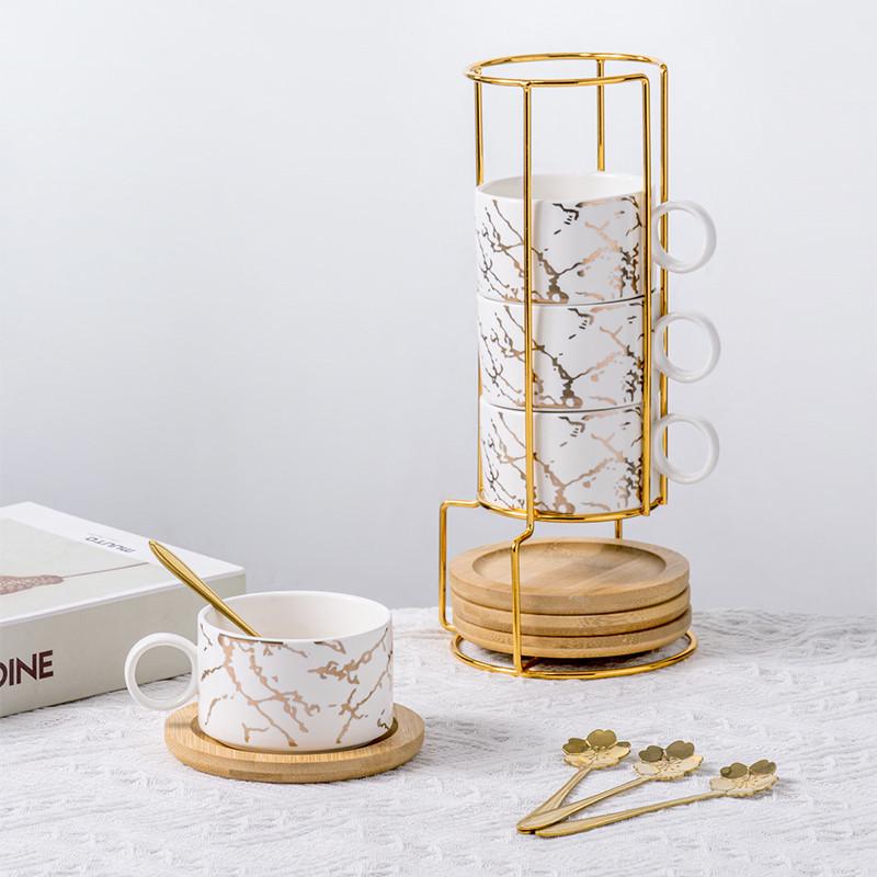 Набор чашек Lesko Мраморная роскошь с бамбуковым блюдцем/подставкой/ложкой 4 шт. White (24366798) - фото 3