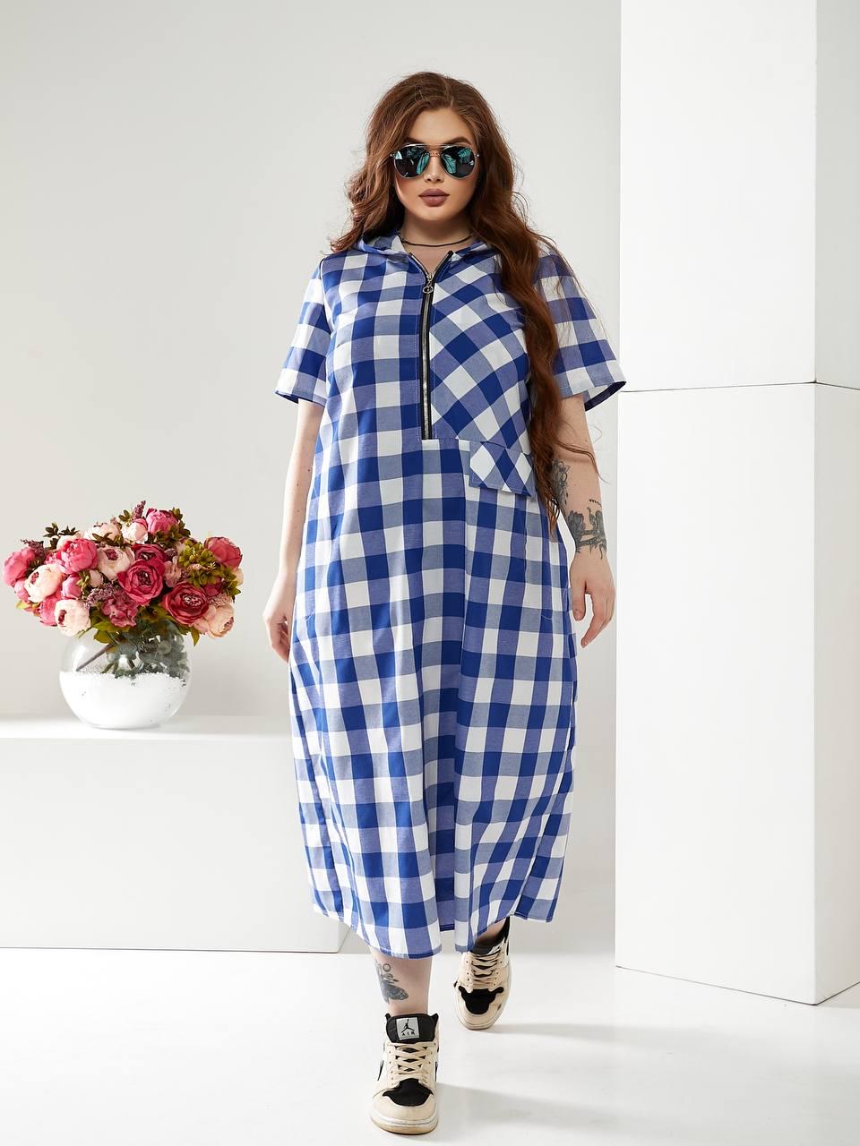 Платье длинное Клетка коттон с капюшоном р. 60-62 Синий (1376) - фото 5