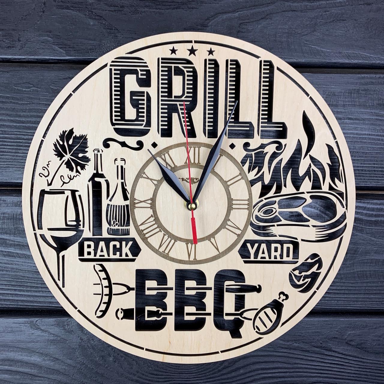 Часы дизайнерские настенные деревянные Гриль BBQ