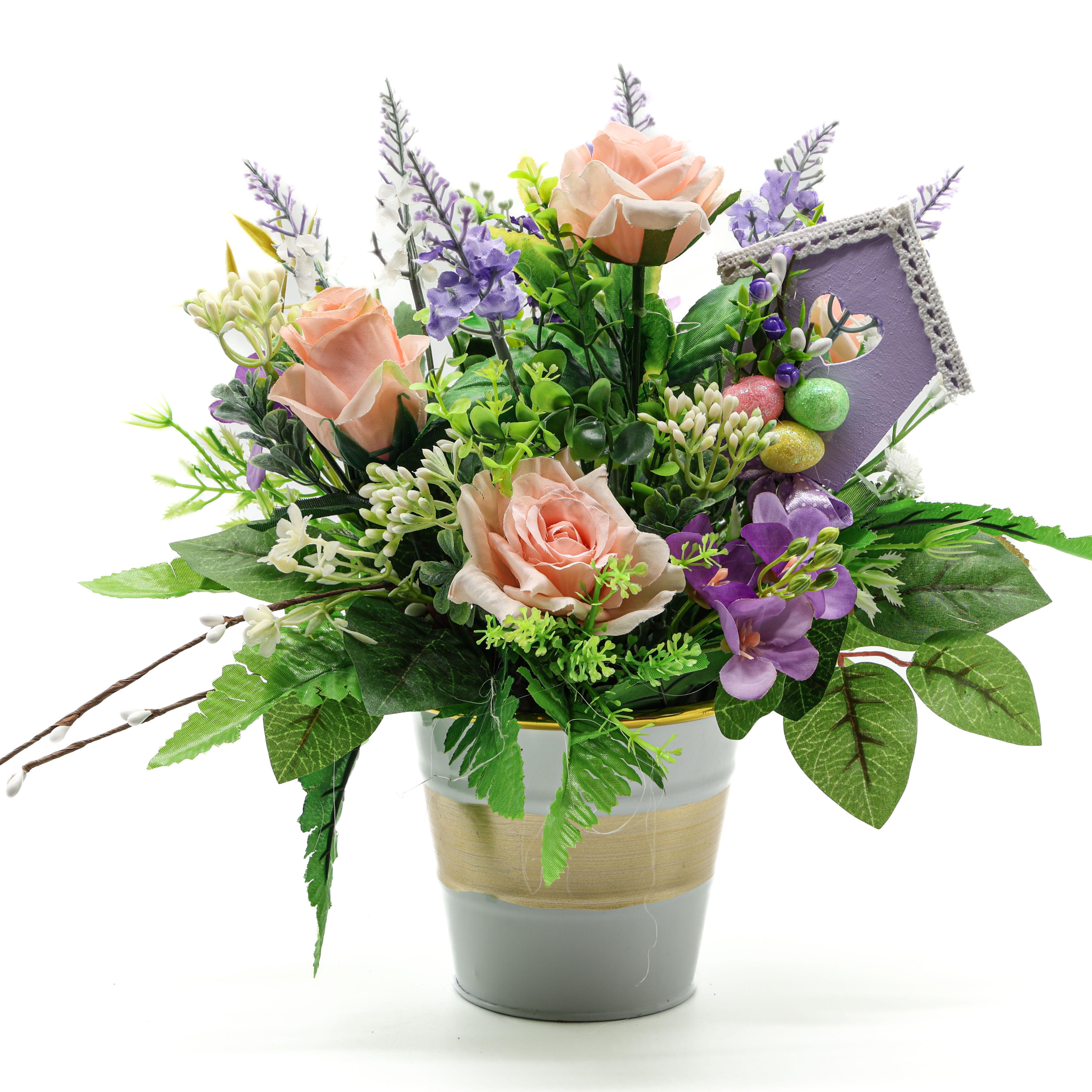 Пасхальная композиция GALA DECOR с цветами зеленью и домиком в кашпо (КД2030)