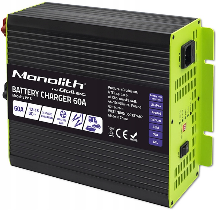 Зарядное устройство для аккумуляторов Qoltec LiFePO4 AGM GEL SLA 60A 12V (25018489) Зарядное устройство для аккумуляторов Qoltec LiFePO4 AGM GEL SLA 60A 12V (25018489)