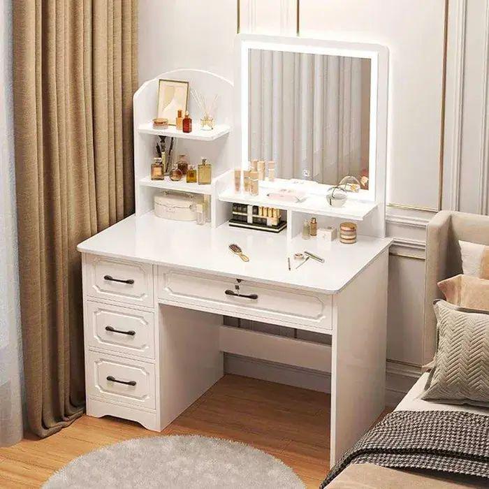 Стол макияжный STL-MD 83 с прямоугольным LED зеркалом полками и ящиками для хранения 137х80х40 см Белый
