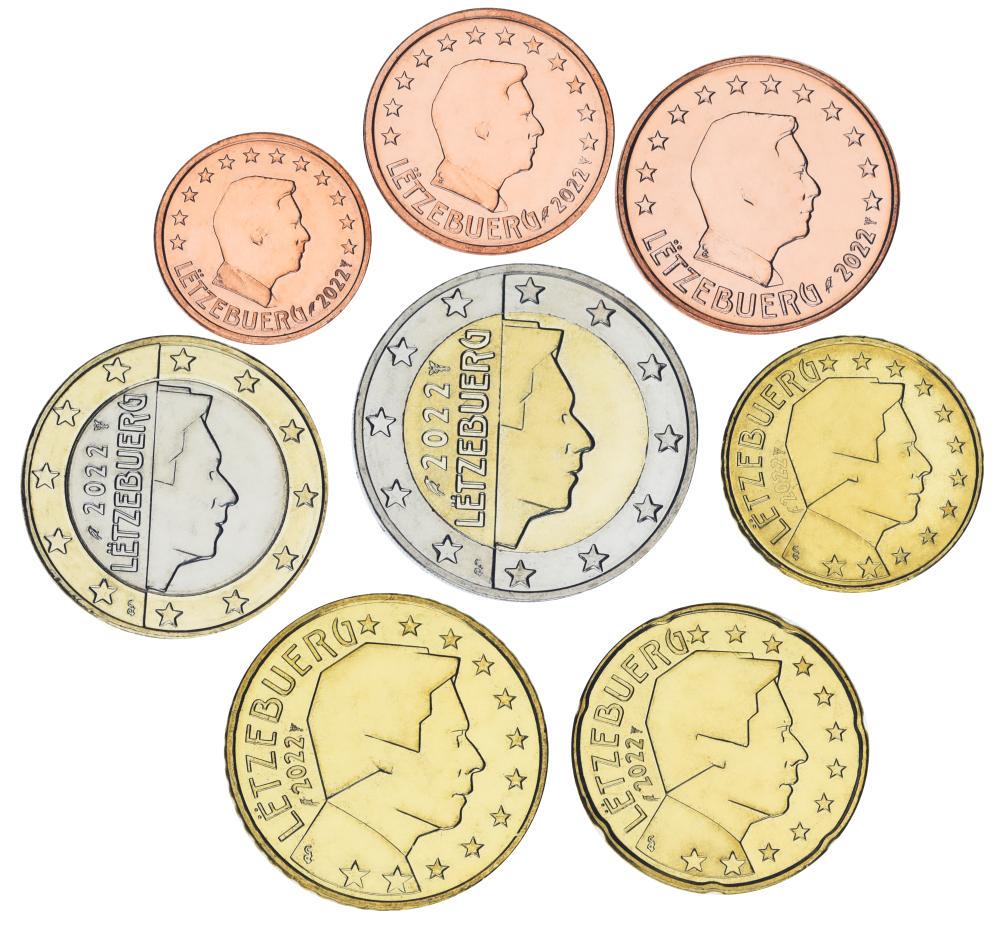 Коллекционные монеты Люксембург с 8 монет евро 2022 UNC 1/2/5/10/20/50 евроцентов/1/2 евро (М24320)