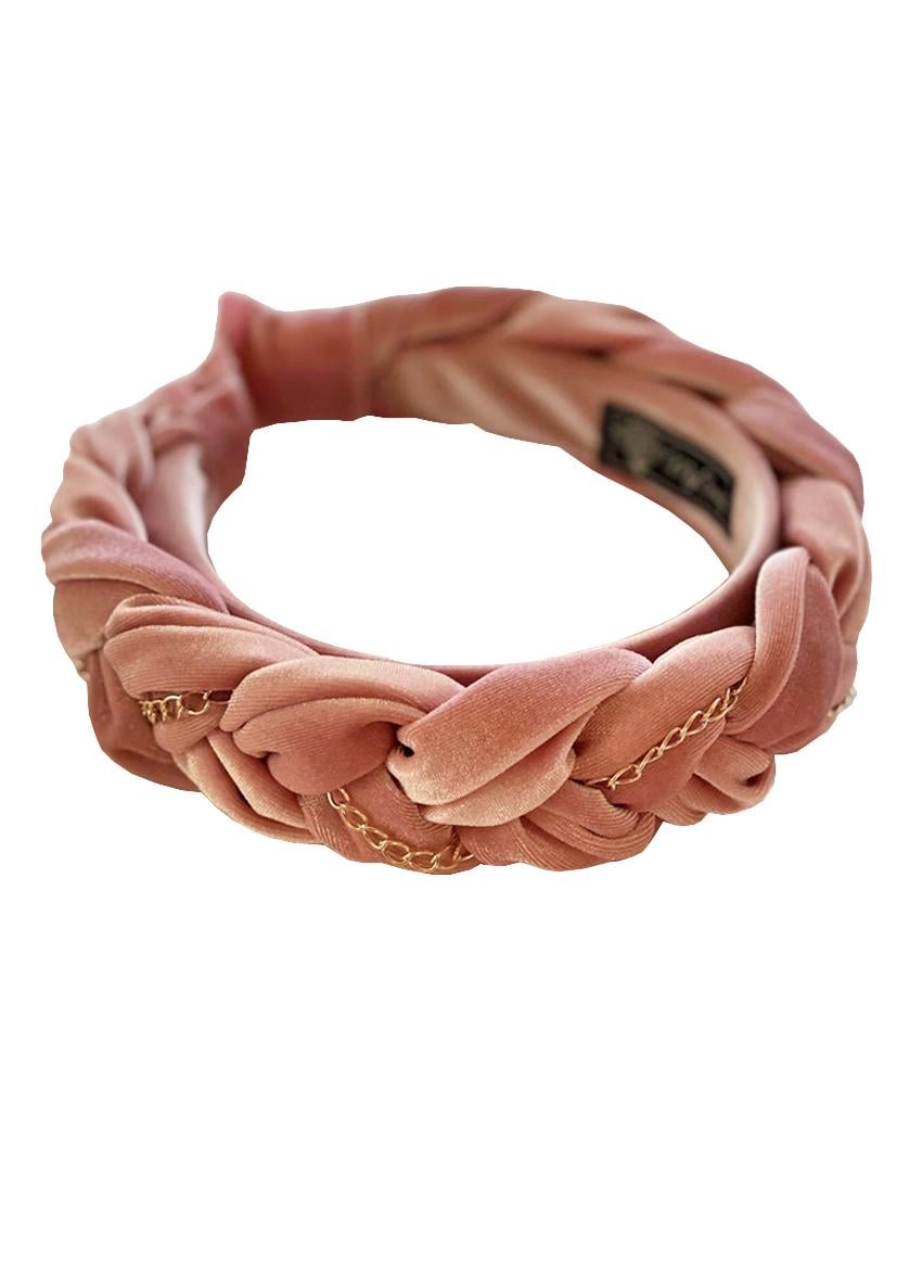 Бархатный обруч косичка с цепочкой Розовый (obb-001)