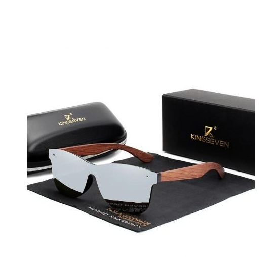 Солнцезащитные очки KINGSEVEN DESIGN Wayfarer в цельной оправе и деревянными дужками Серый зеркальный (B5504)