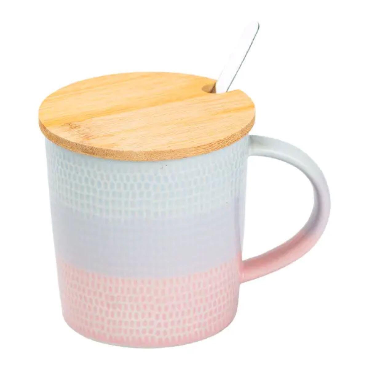 Чашка с бамбуковой крышкой и ложкой Lighthouse керамическая 350 мл Розовый (LG-20141)