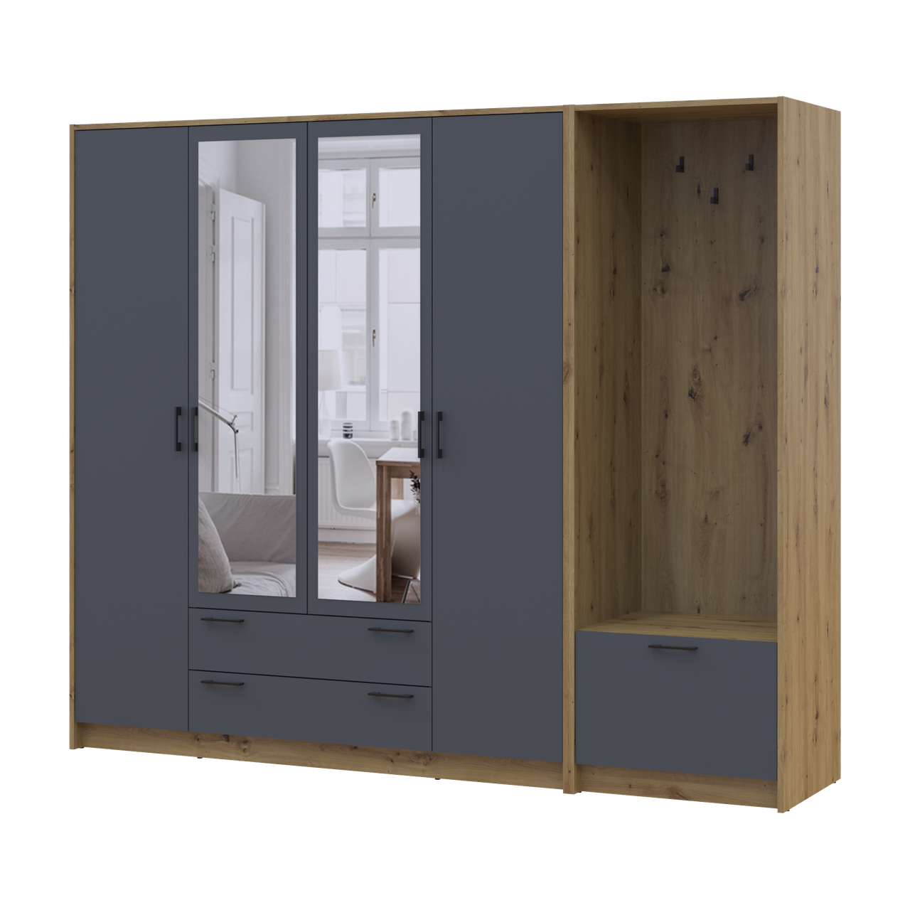 Шафа для одягу Doros Ронді з вішалкою та дзеркалом 4 ДСП 220х52х195 см Дуб Артізан/Графіт (42005295) Шафа для одягу Doros Ронді з вішалкою та дзеркалом 4 ДСП 220х52х195 см Дуб Артізан/Графіт (42005295)