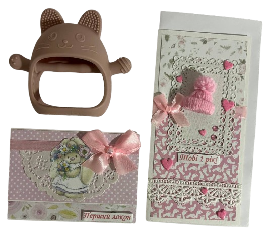 Набор открытка на 1 год открытка Первый локон и грызунок для зубов Розовый (1233)