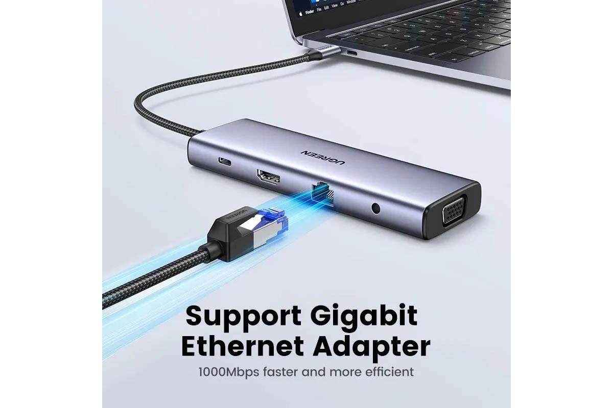Концентратор UGREEN CM498 Type-C и 4K HDMI/VGA/RJ45/SD и TF/USB 3.0 PD 100W для MacBook HP Grey (15601) - фото 7
