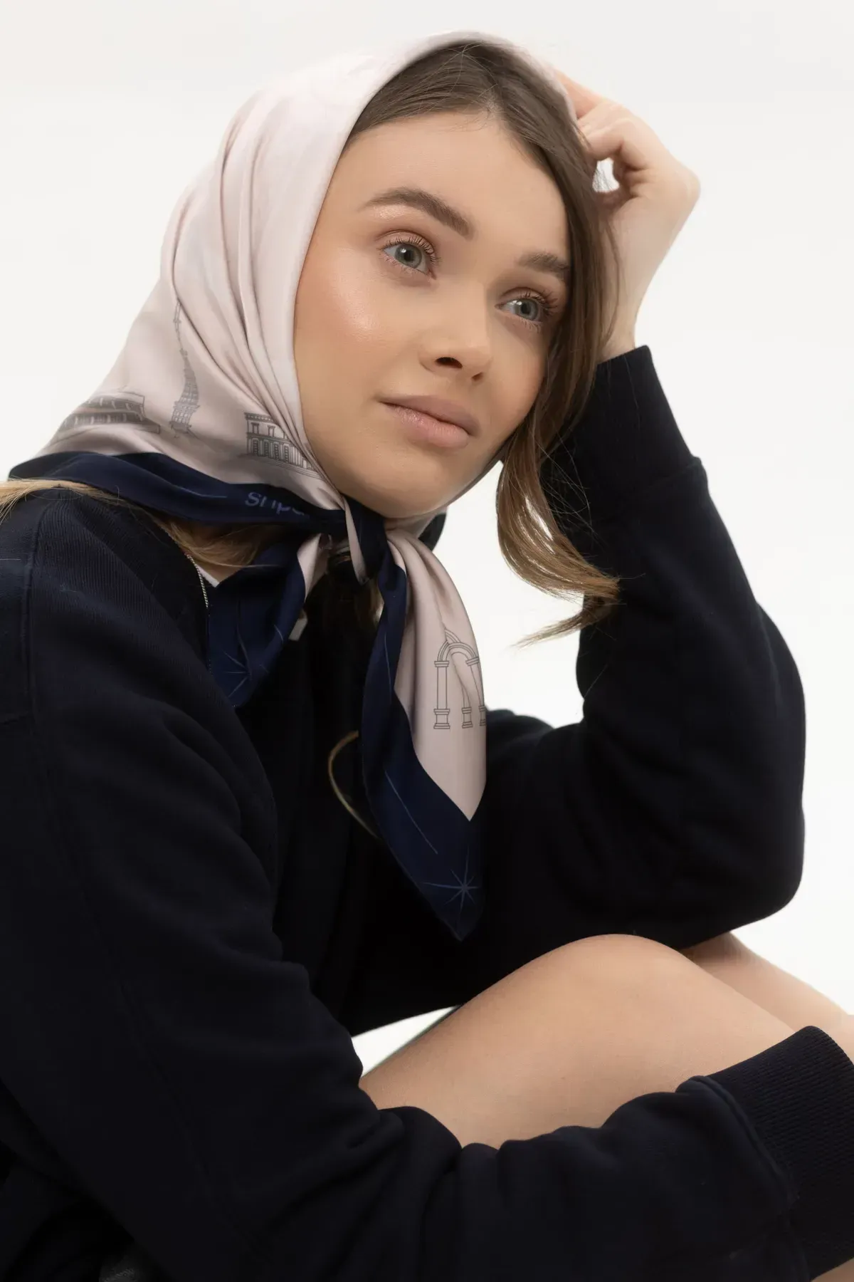 Платок Харьков шелковый односторонняя печать 55х55 см Бежево-синий (27557525) - фото 6