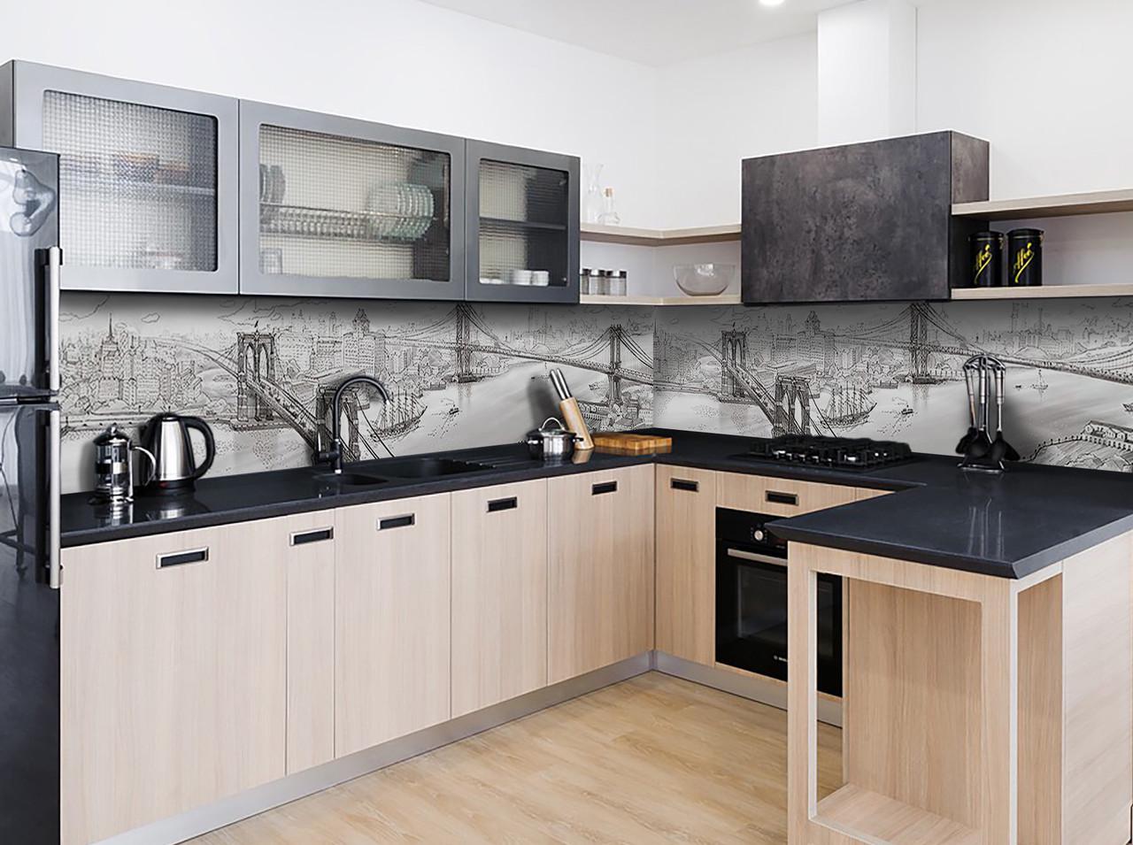 Кухонный фартук Мосты и город из самоклеющейся виниловой пленки 60х250 см Серый