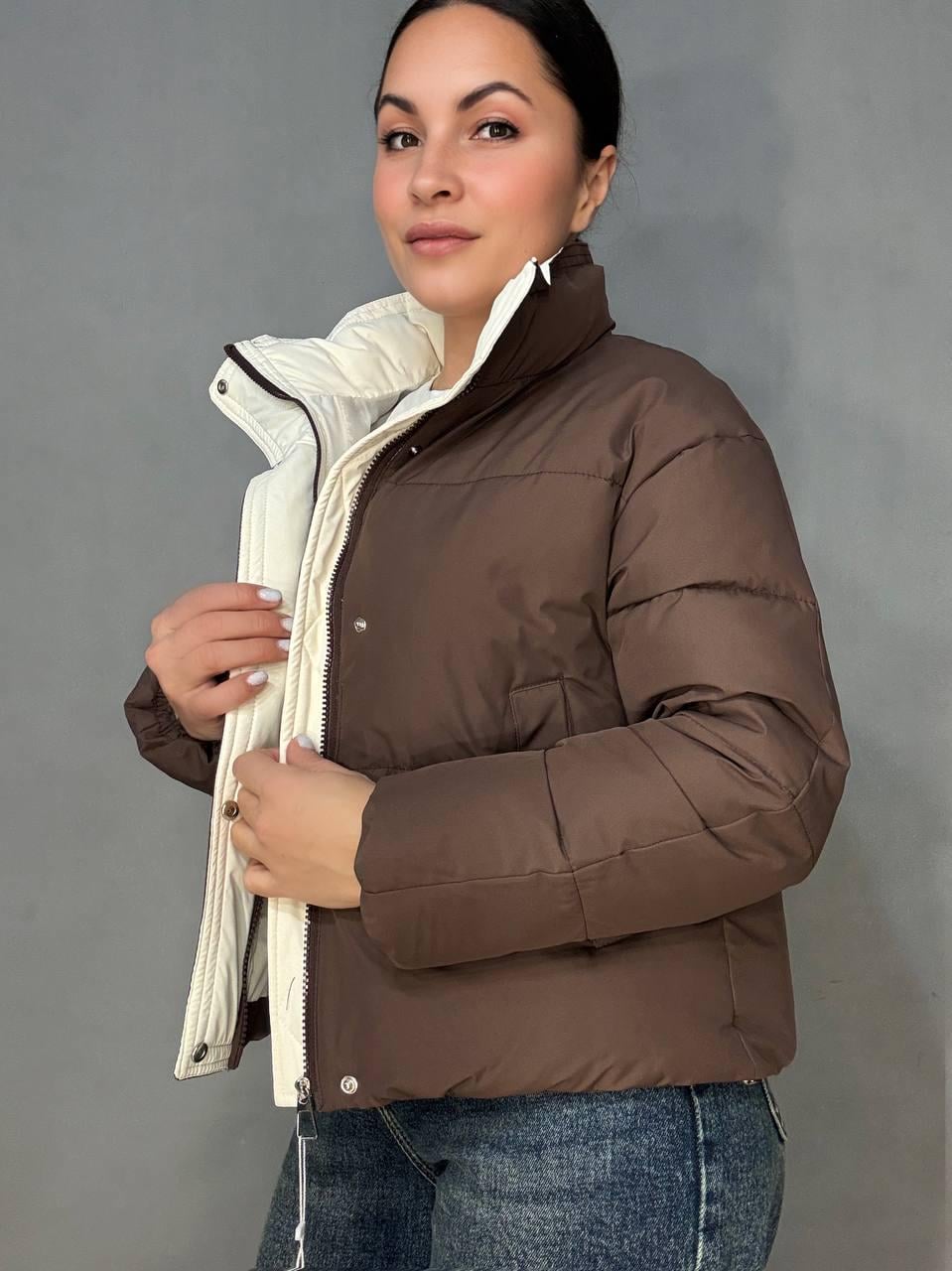 Куртка женская Runfesine 88216 короткая с молочным воротником-стойкой M Коричневый (6270)
