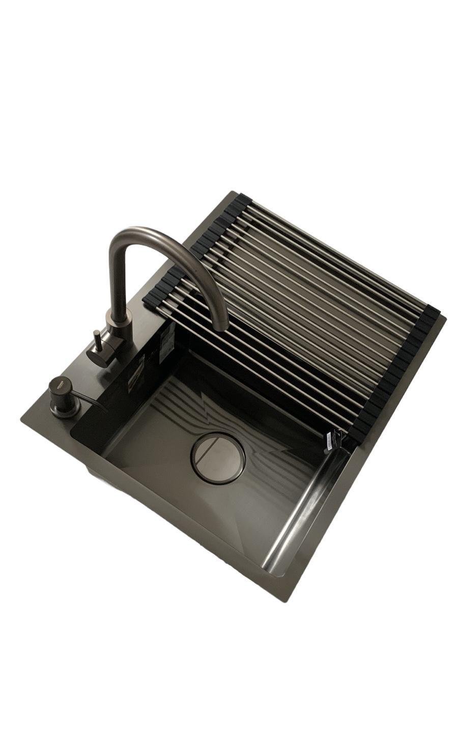 Мойка кухонная Kroner KRP Schwarze 6350LHM PVD 30/10 мм и кран для кухни Черный