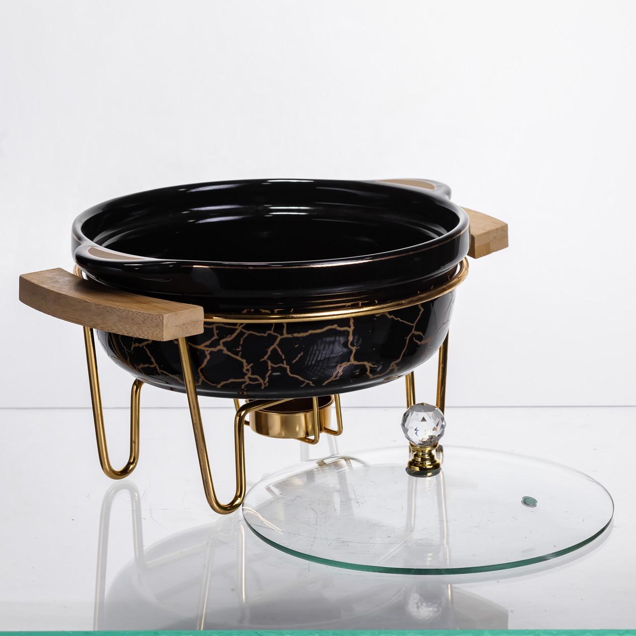 Мармит фарфоровый настольный круглый мармитница с подогревом Зеленый мрамор 800 мл (LC-716)