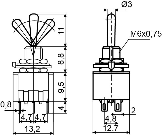 Тумблер АСКО-Укрем MTS-203 ON-OFF-ON 4NO 3А 250 V 3 положения 6 контактов с фиксацией (A0140060018) - фото 3