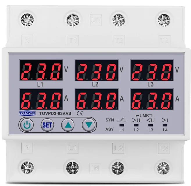 Цифровое реле контроля напряжения и тока трехфазное TOMZN TOVPD3-63VAS 63A 3x220V (19600)