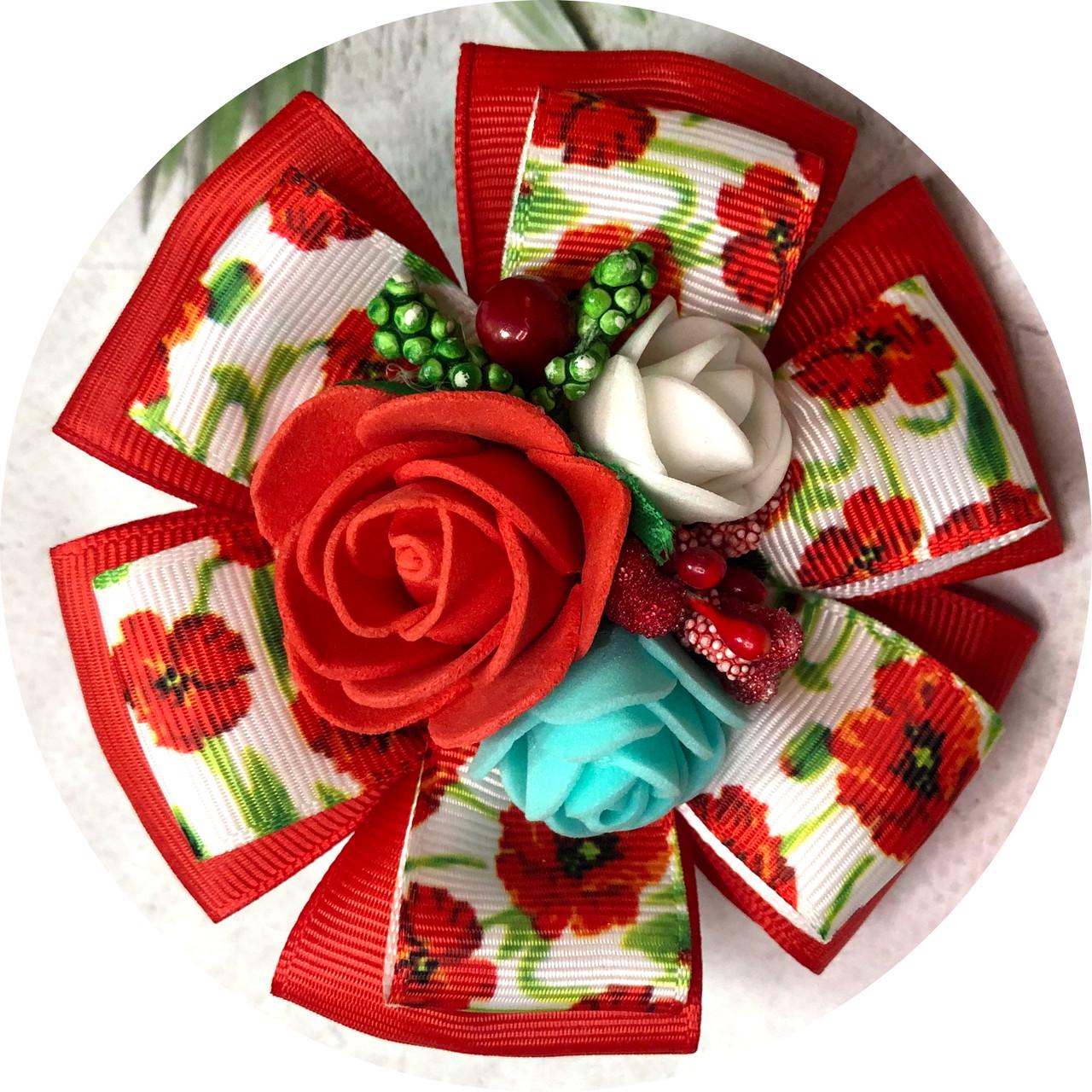 Бантик детский на резинке Украинский орнамент с цветочками D9 см Красный (11404)