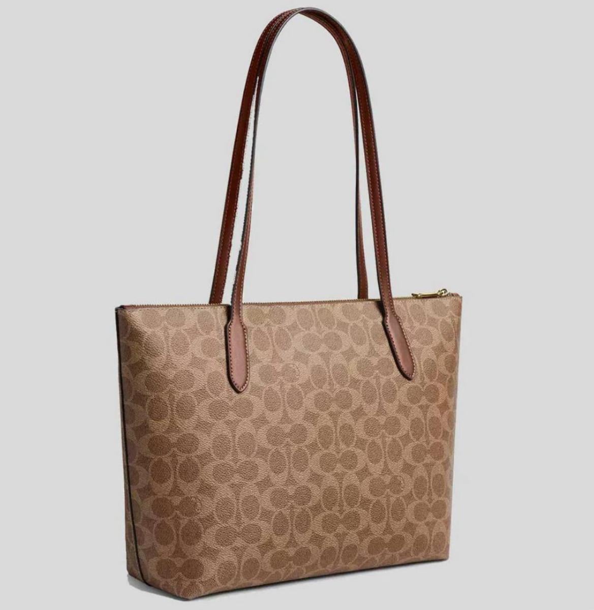 COACH ロゴパターン トートバッグ　ブラウン ᐉ Сумка жіноча Coach Zip Top Tote Bag In Signature Canvas Tan