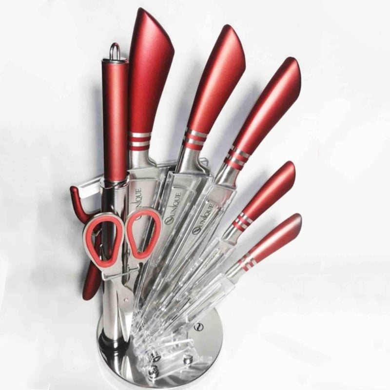 Набір ножів кухонних Unique UN-1832 нержавіюча сталь з підставкою 9 пр. Red (23793638) - фото 3 Набір ножів кухонних Unique UN-1832 нержавіюча сталь з підставкою 9 пр. Red (23793638) - фото 3