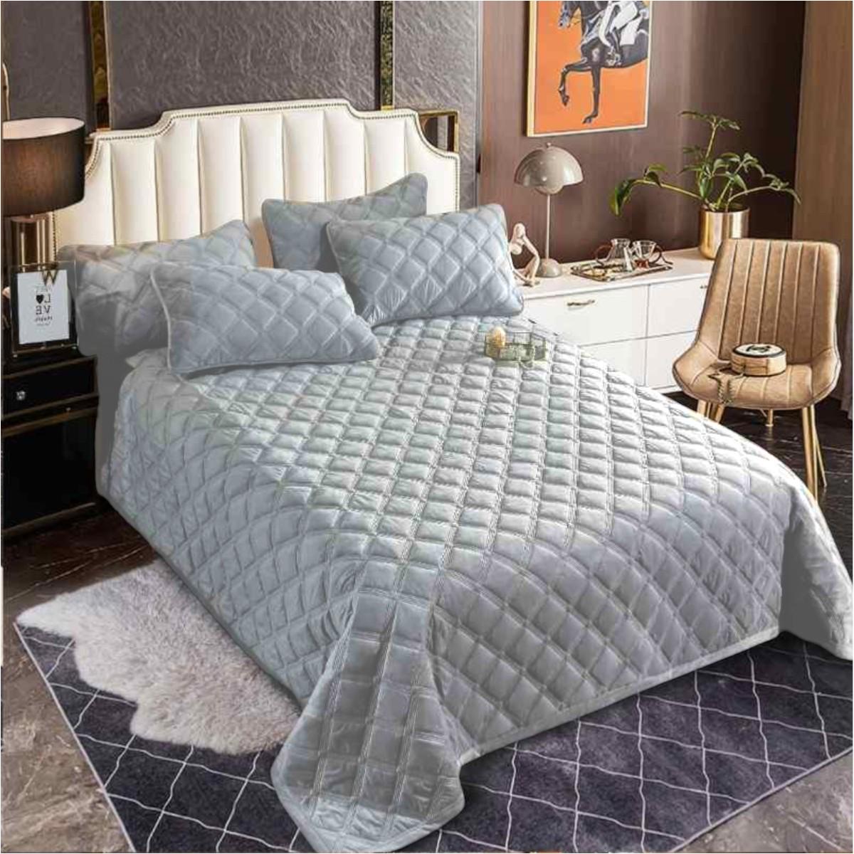 Покрывало велюровое стеганое Евро Koloco Ромб 220х240 см Светло-серый (42007) - фото 1