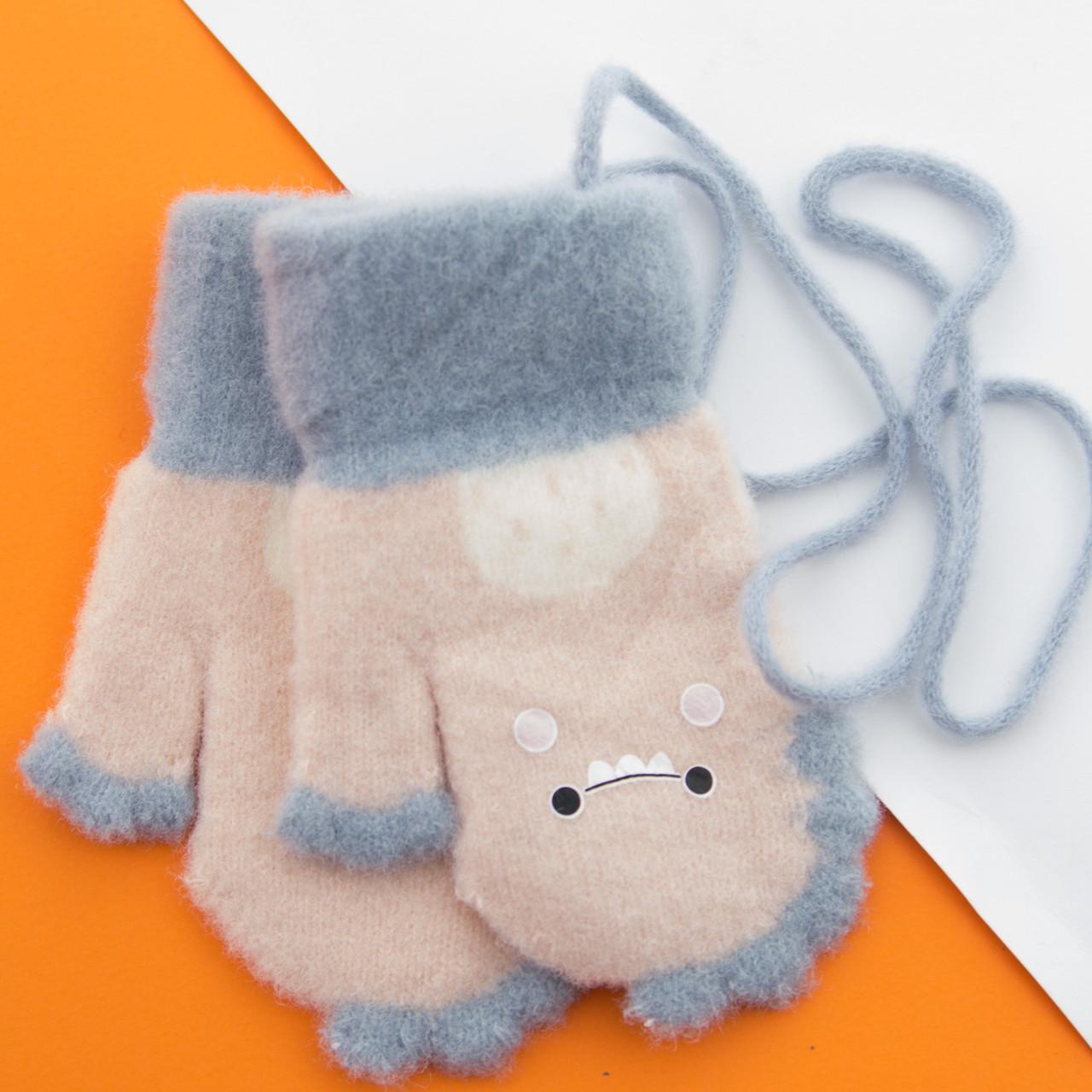 Варежки для малышей зимние с мехом на 1 - 2 года на веревочке монстрики Розовый (22-25-43)