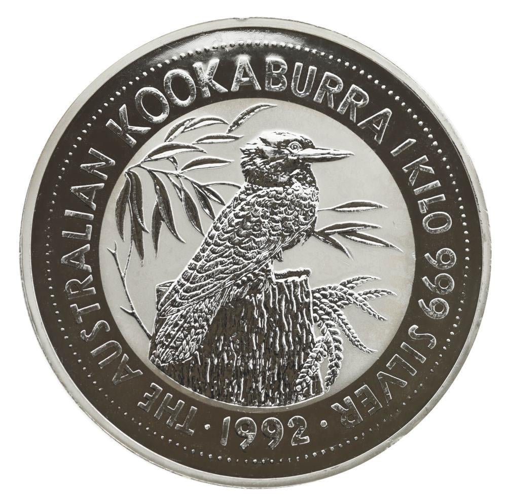 Коллекционная монета Австралия 30 долларов 1992 серебро F-VF Птица Кукабарра 1 кг (М19527)