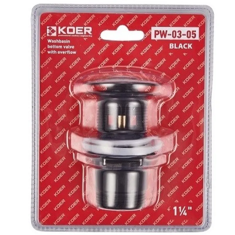 Клапан-кнопка донный для умывальника KOER PW-03-05 с переливом 1-1/4'' Черный (KR3396) Клапан-кнопка донный для умывальника KOER PW-03-05 с переливом 1-1/4'' Черный (KR3396)