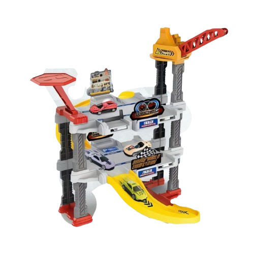 Трек игрушечный 939-303 с парковкой механический подъемник/катапульта/3 металлопластиковые машинки 34 эл. (23120351)