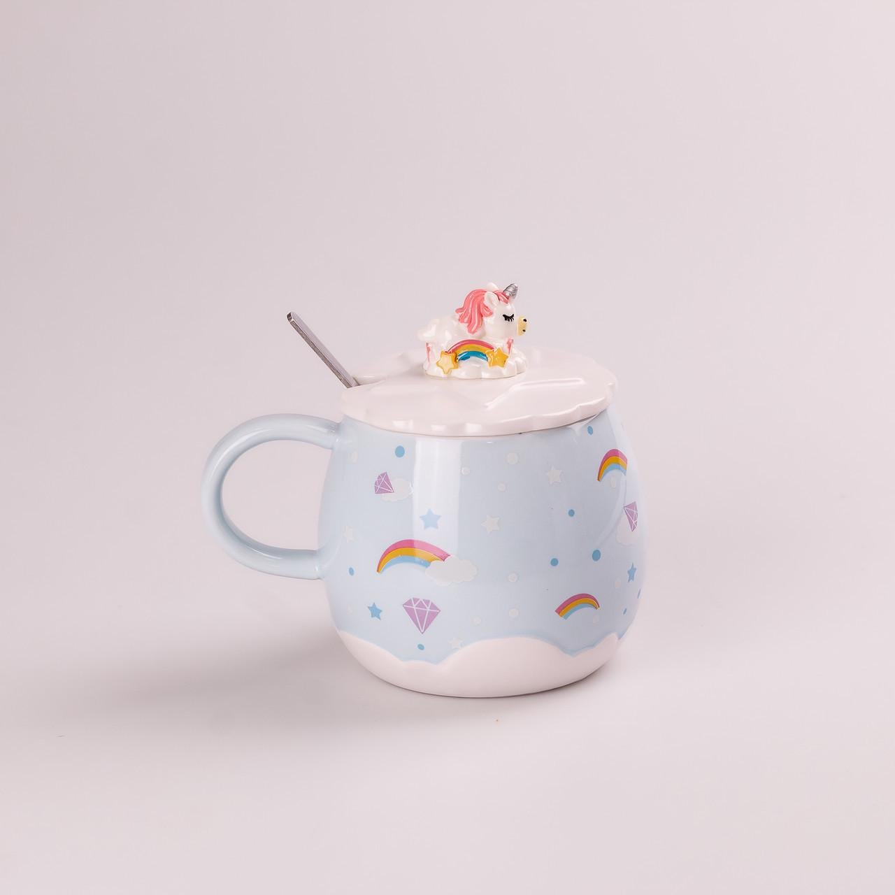 Чашка керамическая Rainbow Ceramic Mug с крышкой и ложкой 450 мл Голубой (3264)