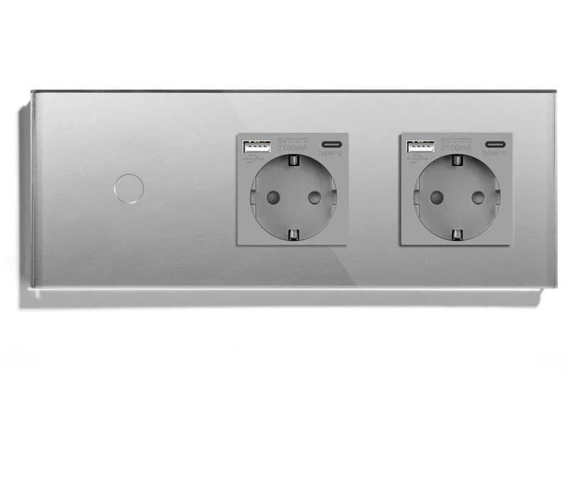 Выключатель проходной сенсорный LUXION с двумя розетками USB A+C 20Вт с заземлением/шторками стекло Серый