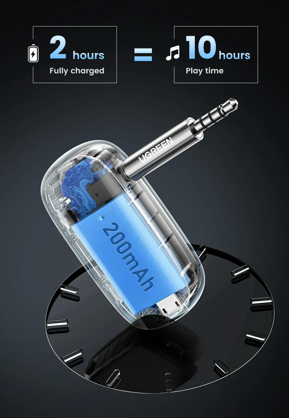 Адаптер UGREEN Bluetooth 5.1 приемник aptX HD Hi-Res 3,5 мм minijack AUX-micro USB Аудио AAC/SBC/aptX LL стерео Черный (70304) - фото 3