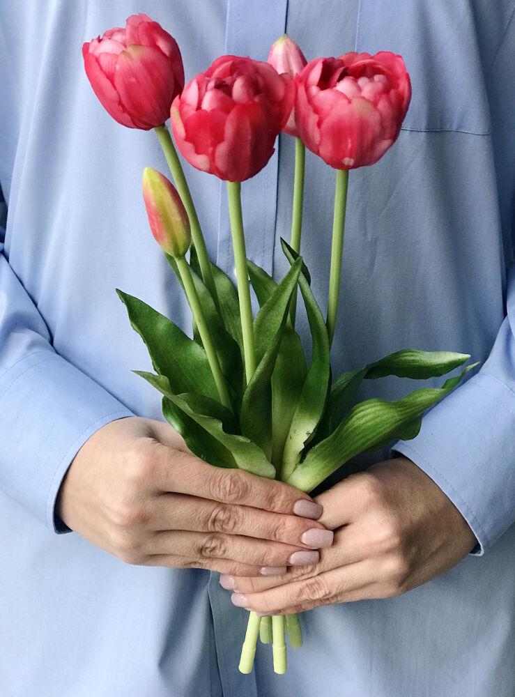 Штучні тюльпани латексні махрові, букет 5 квіток яскраво-рожевий Real Touch