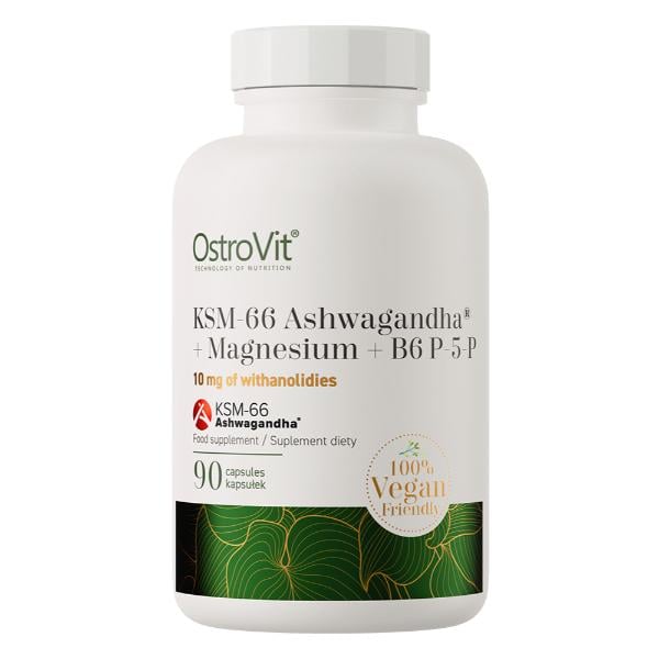 Ашфаганда для спорта OstroVit Vege KSM-66 Ashwagandha + Magnesium + B6 P-5-P 10 мг ofanolidies 90 капс. (000027273)