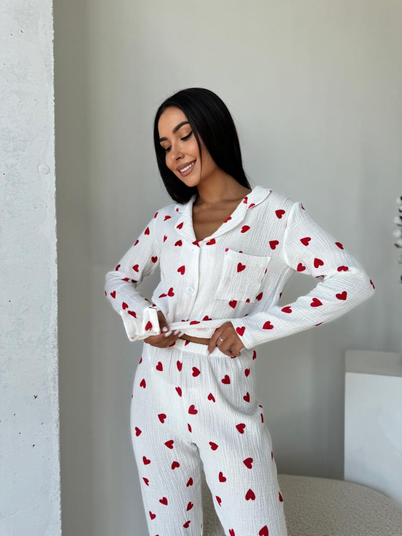 Піжамний набір зі штанами мусліновий M Білий з червоними серцями (MR26477771) - фото 5 Піжамний набір зі штанами мусліновий M Білий з червоними серцями (MR26477771) - фото 5