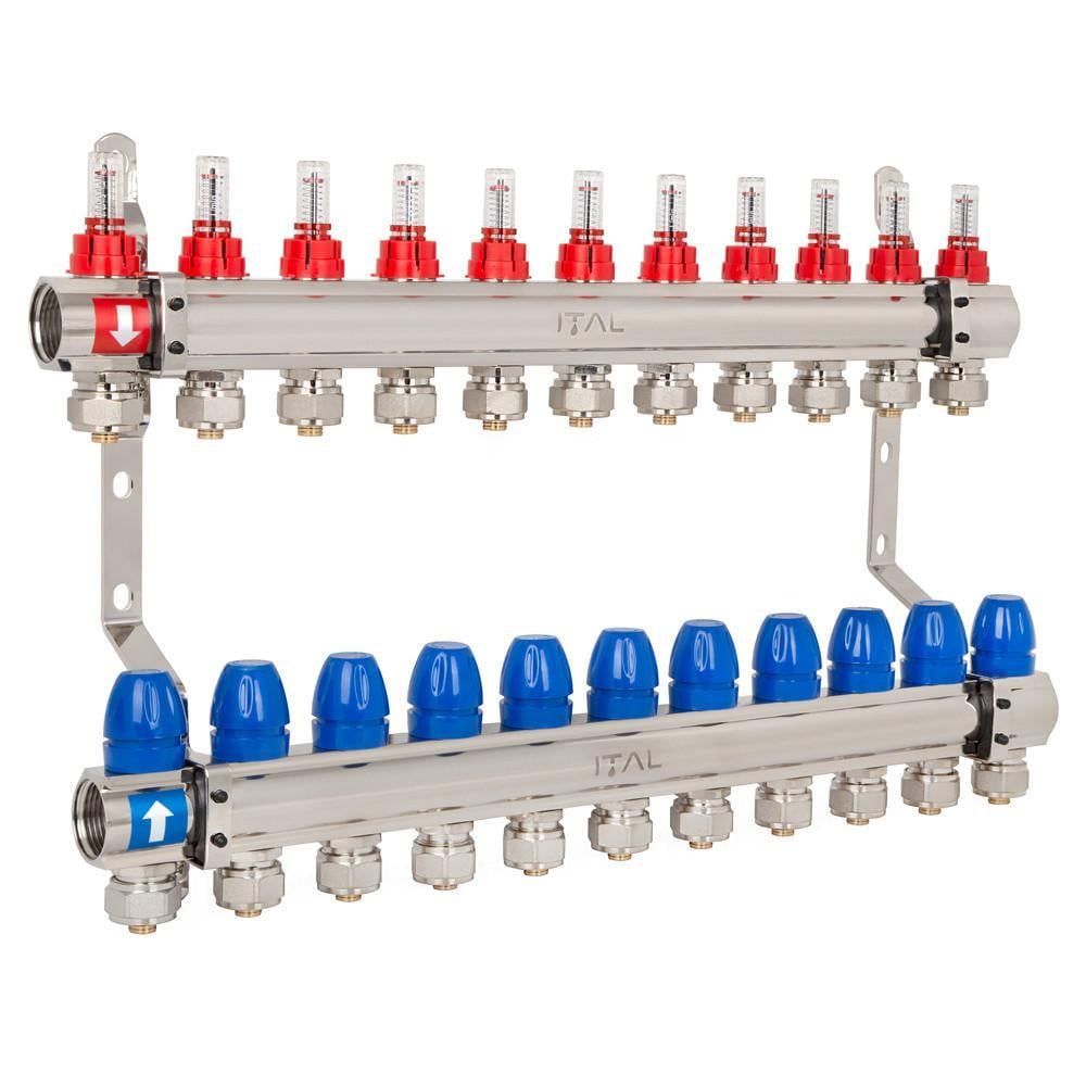 Комплект коллектора с расходомерами ITAL IT011-H2001 из латуни 1"-3/4" евроконус на 11 выходов (1055679)