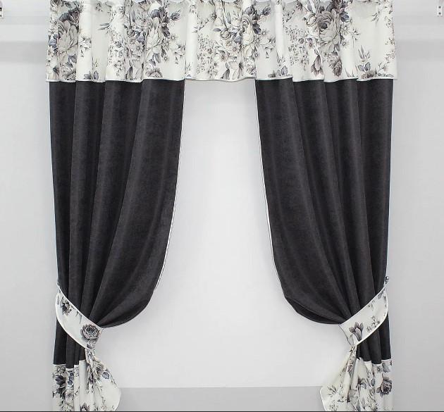 Шторки кухонные с ламбрекеном подвязками 260х170 см Графитовый/Серый (073к)