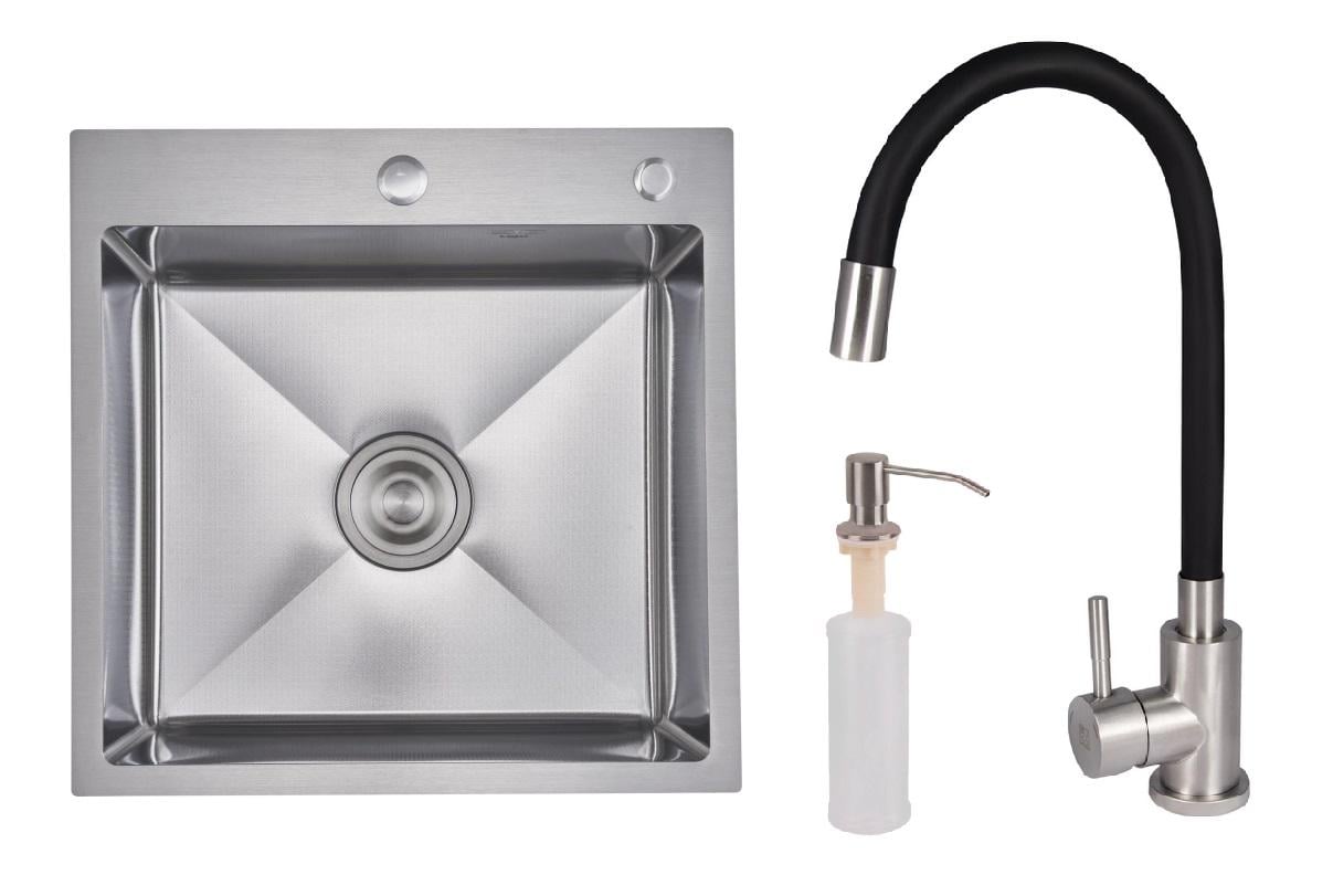 Мийка для кухні з нержавіючої сталі мікродекор Lidz 50/50 з гнучким краном та дозатором Сатин Мийка для кухні з нержавіючої сталі мікродекор Lidz 50/50 з гнучким краном та дозатором Сатин