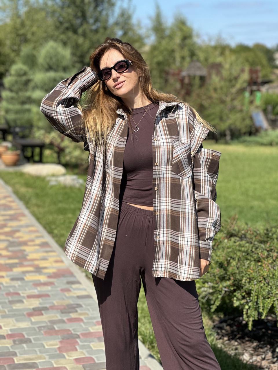 Рубашка женская в клетку со съемными рукавами L/XL Шоколадный (2743669767)