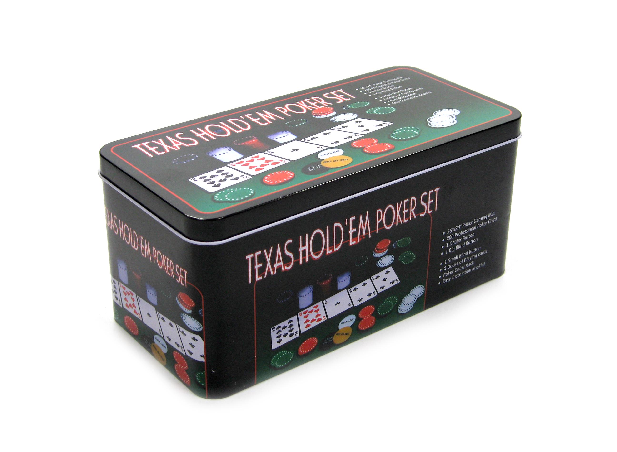 Набор для игры в покер 3896B 200 фишек 2 колоды карт/сукно в металлической коробке - фото 2 Набор для игры в покер 3896B 200 фишек 2 колоды карт/сукно в металлической коробке - фото 2