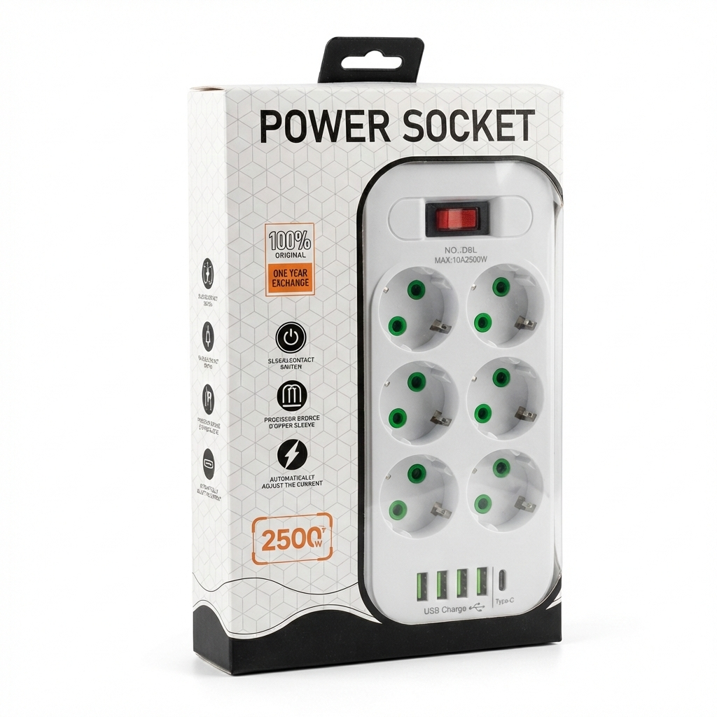 Подовжувач Power Socket D6 на 6 розеток з вимикачем та LED-індикатором 4 USB і Type-C 3 м 2500 Вт (PWD6)