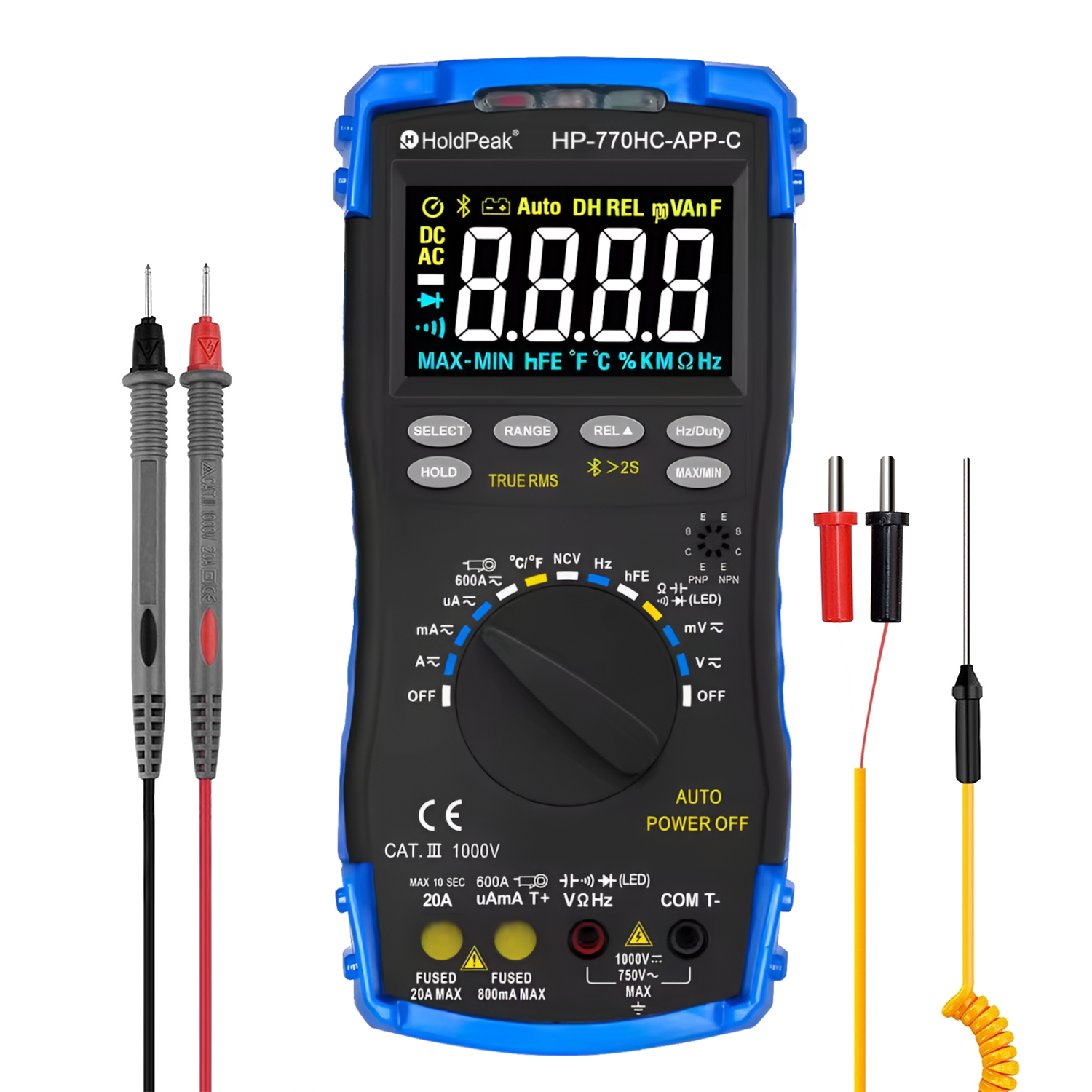 Мультиметр цифровий HoldPeak HP-770HC-APP-C TrueRMS 6000 відліків 1000 В 20А AC/DC 60МОм 100 мФ 1000°C 10МГц