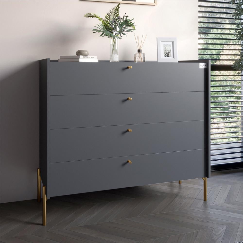 Комод Lion Wood с 4 ящиками с золотыми ножками 100х90х45 см Антрацит (LION-042957) Комод Lion Wood с 4 ящиками с золотыми ножками 100х90х45 см Антрацит (LION-042957)