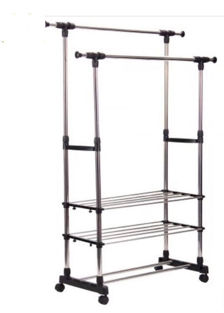 Вешалка-стойка для одежды WJF002 с полками для обуви двойная телескопическая на колесиках 130х45х160 см (opt-103503) Вешалка-стойка для одежды WJF002 с полками для обуви двойная телескопическая на колесиках 130х45х160 см (opt-103503)