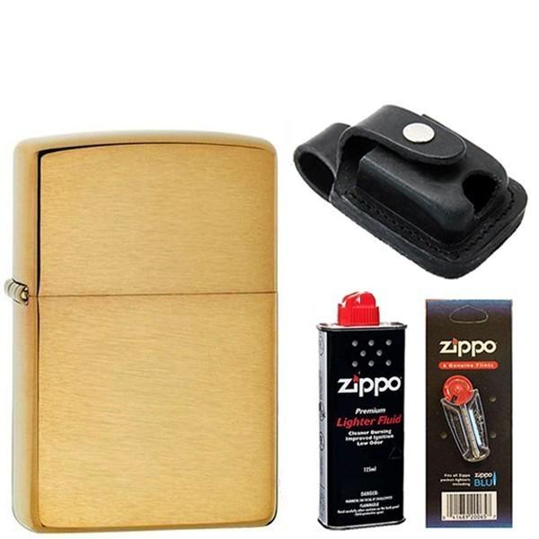 Зажигалка ZIPPO 204B Classic Brushed Brass бензин/кремни и чехол с прорезью LPTBK