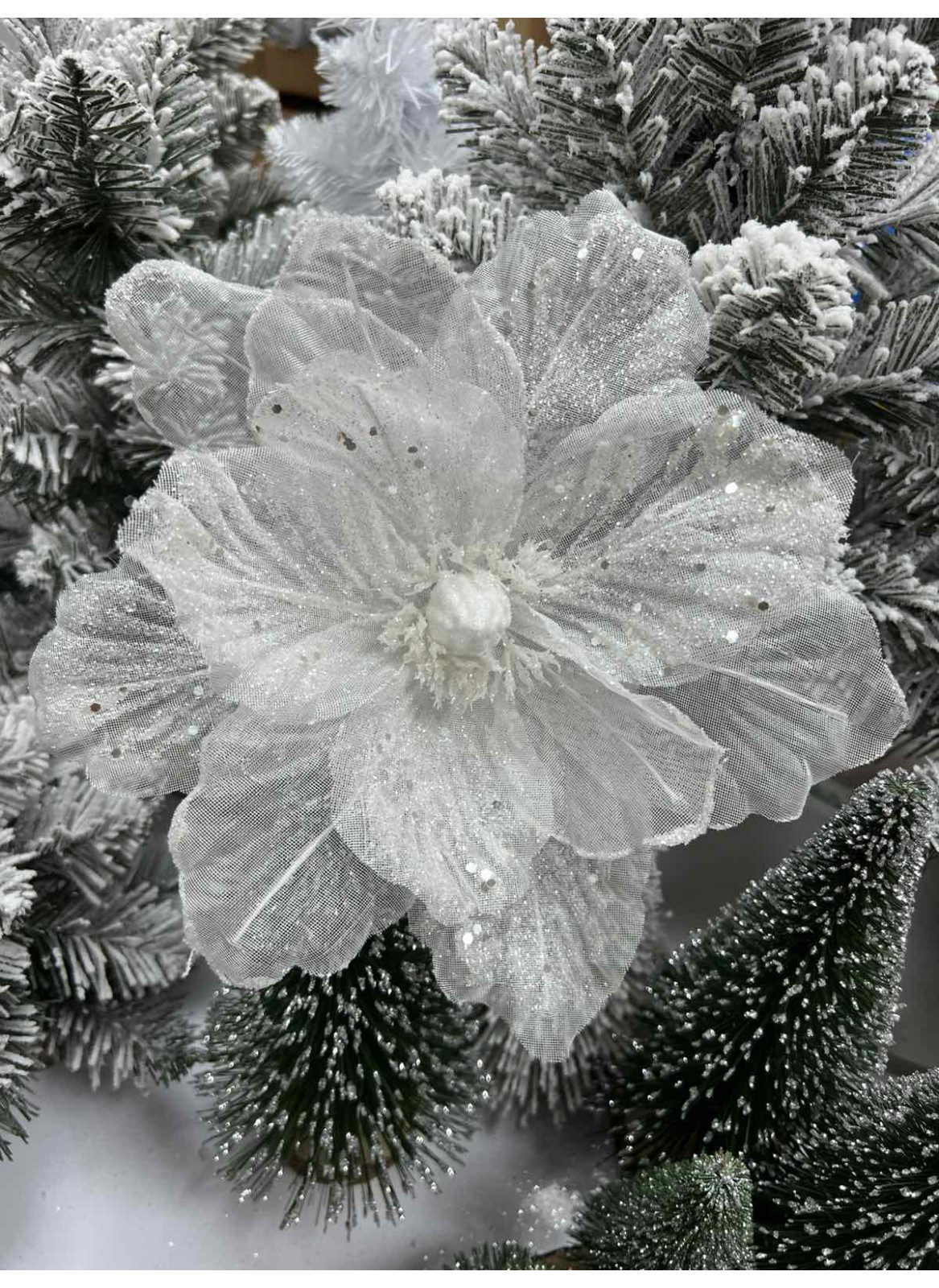 Цветок новогодний 26 см Белый/Прозрачный (LLG-80)