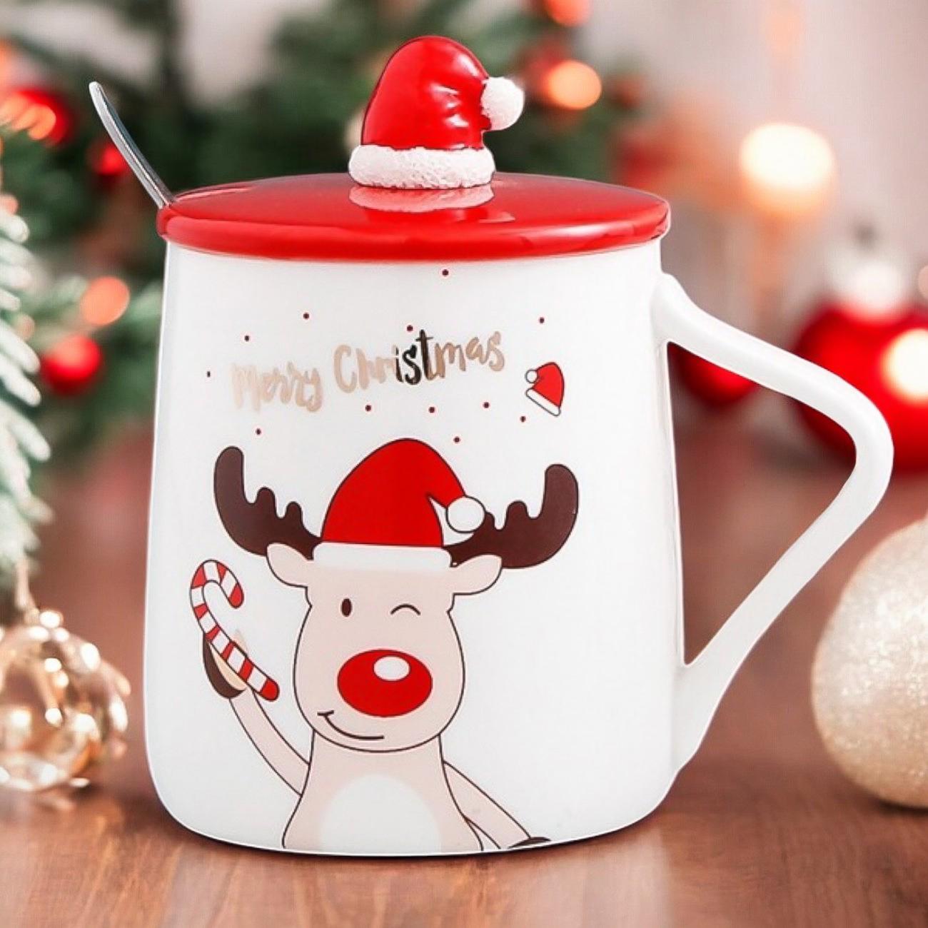 Кружка новогодняя с крышкой и ложкой Merry Christmas Олень керамика 360 мл (03-олень-R33365)