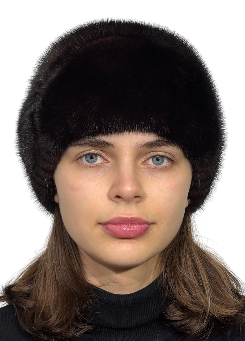 Зимняя женская шапка Меховой стиль Лобик из вязаной натуральной норки XL-XXL Коричневый (132/F)