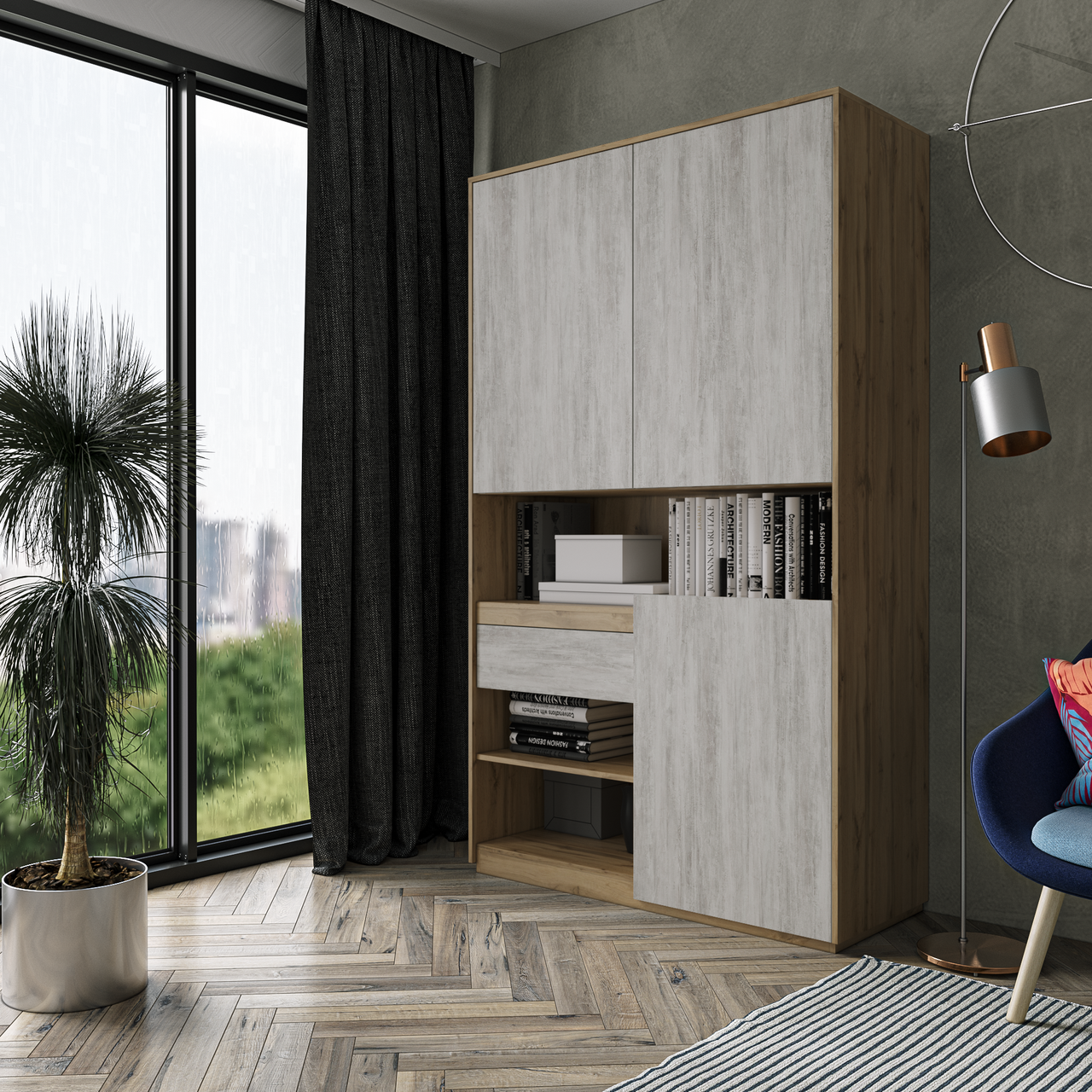 Шкаф для книг и документов Moreli RS-1 Blum 124x2100x500 мм Дуб аппалачи/Бетон (mo-rs1-appalachi-beton)