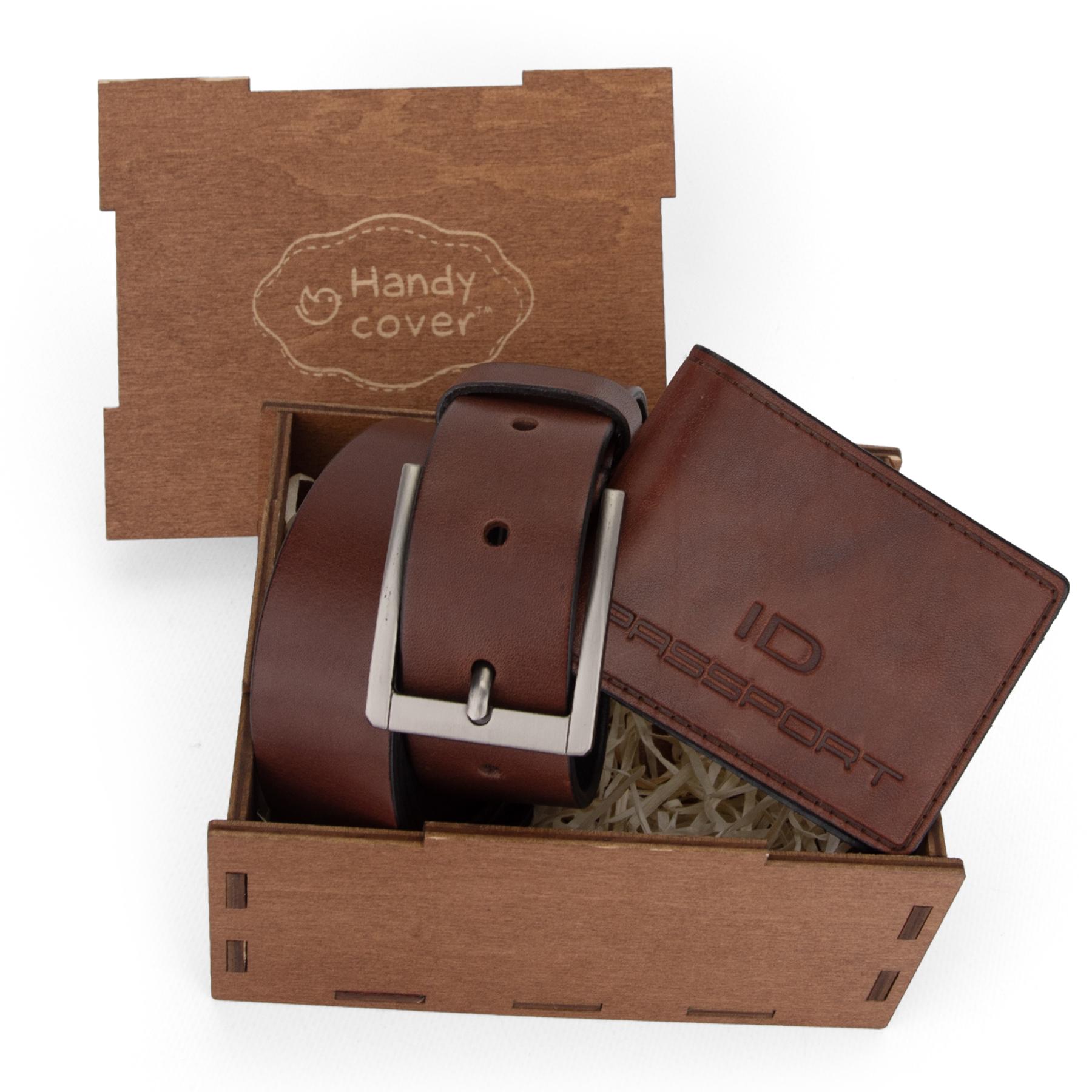 Подарочный набор мужской №104 ремень и обложка в коробке Коричневый (2904218253)